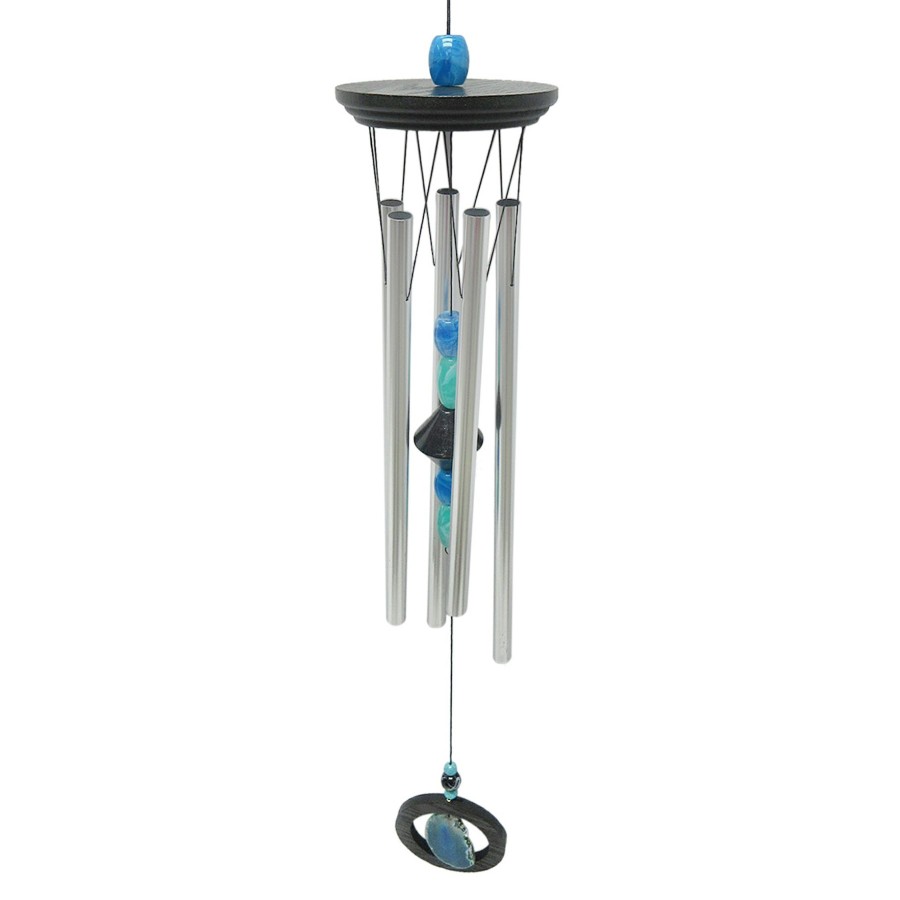 Outdoor Deacutecor * | Discount Blue Bead & Silver Tube Wind Chime, 34