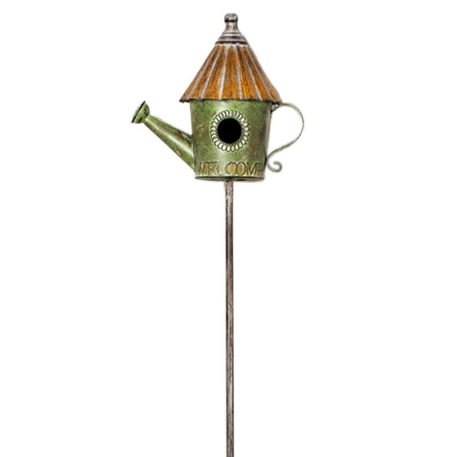 Outdoor Deacutecor * | Discount Green Metal Watering Can Birdhouse Garden Stake