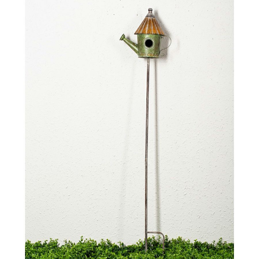 Outdoor Deacutecor * | Discount Green Metal Watering Can Birdhouse Garden Stake