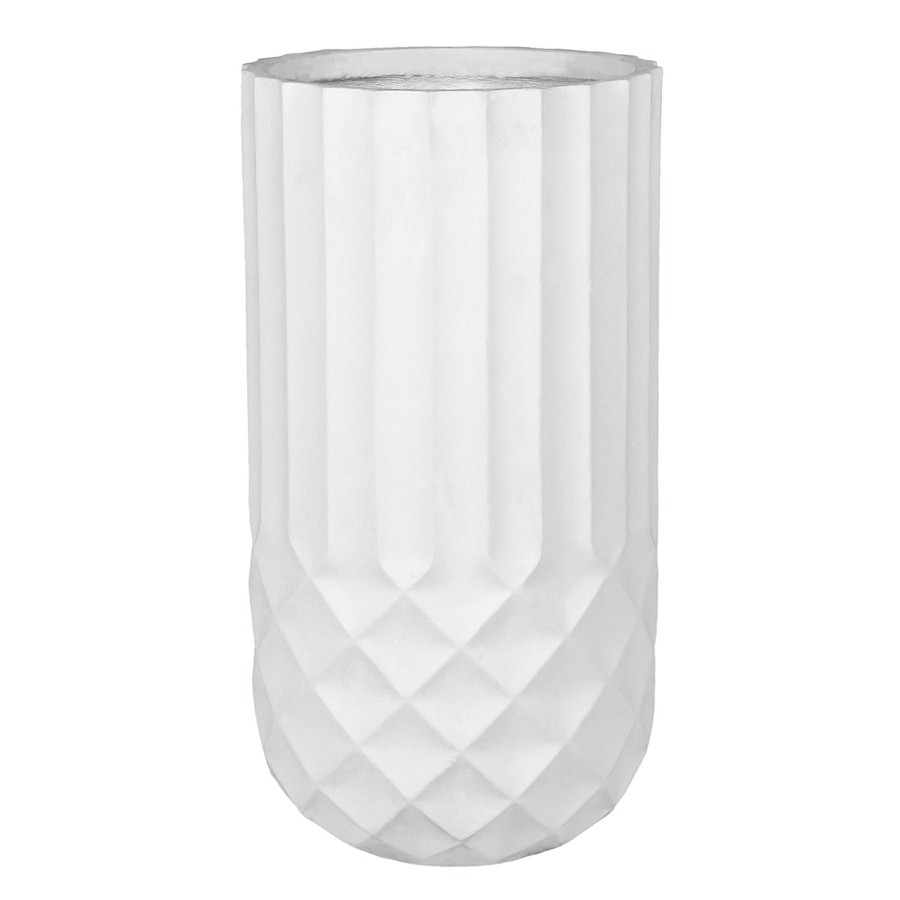 Pots & Planters * | Exclusive Design Tall White Cylindrical Diamond Ribbed Shadow Planter, 24.5