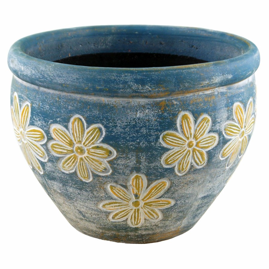 Pots & Planters * | Premium Blue With Yellow Pansies Clay Planter, 8.5