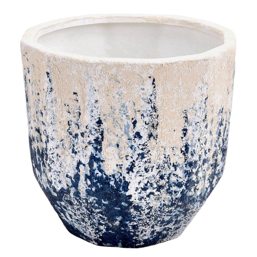 Pots & Planters * | Free Delivery White & Blue Textured Ceramic Pot, 8 7