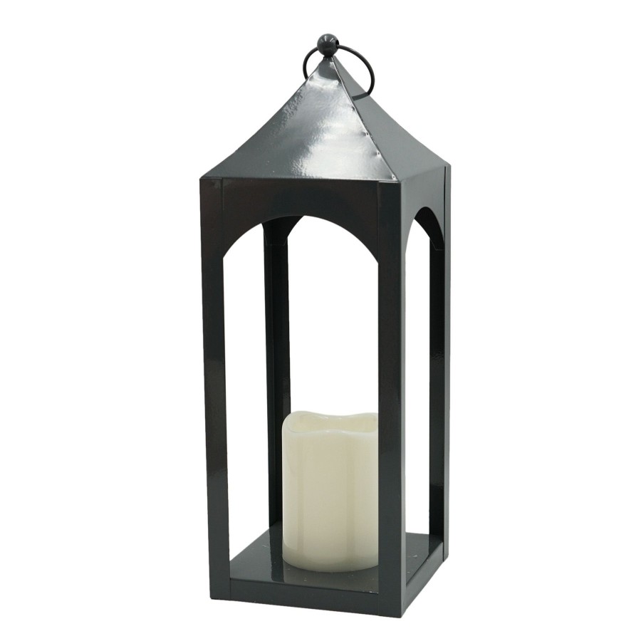 Lighting * | Sale Online Grey Metal Lantern With Candle, 15