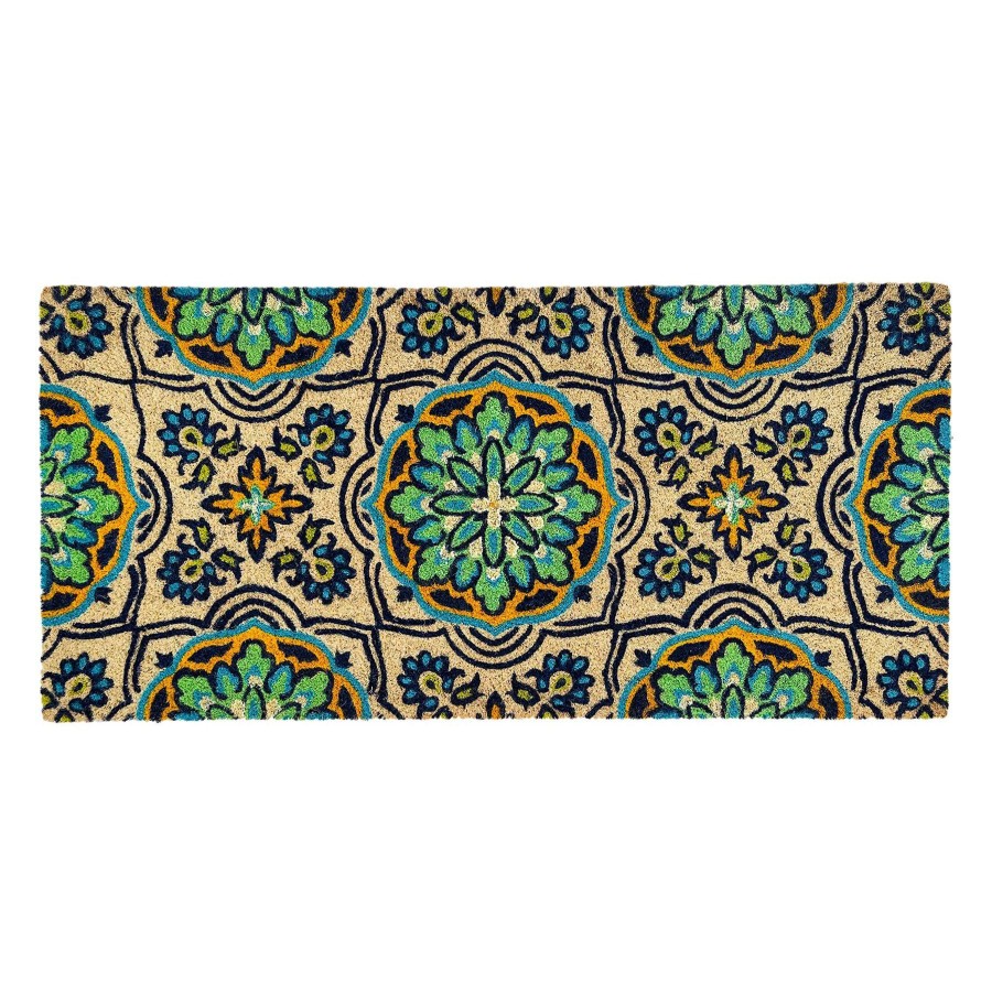 Rugs & Doormats * | Typical Style Blue & Green Floral Trellis Oversized Coir Mat, 22 47