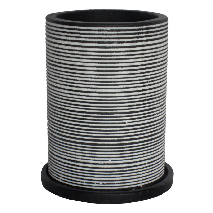 Pots & Planters * | Fire Sale Tall Black & White Ribbed Cylinder Planter, 12.5