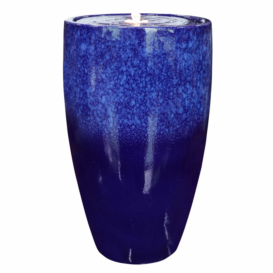 Outdoor Deacutecor * | Free Delivery Pre-Lit Blue Ceramic Fountain, 22