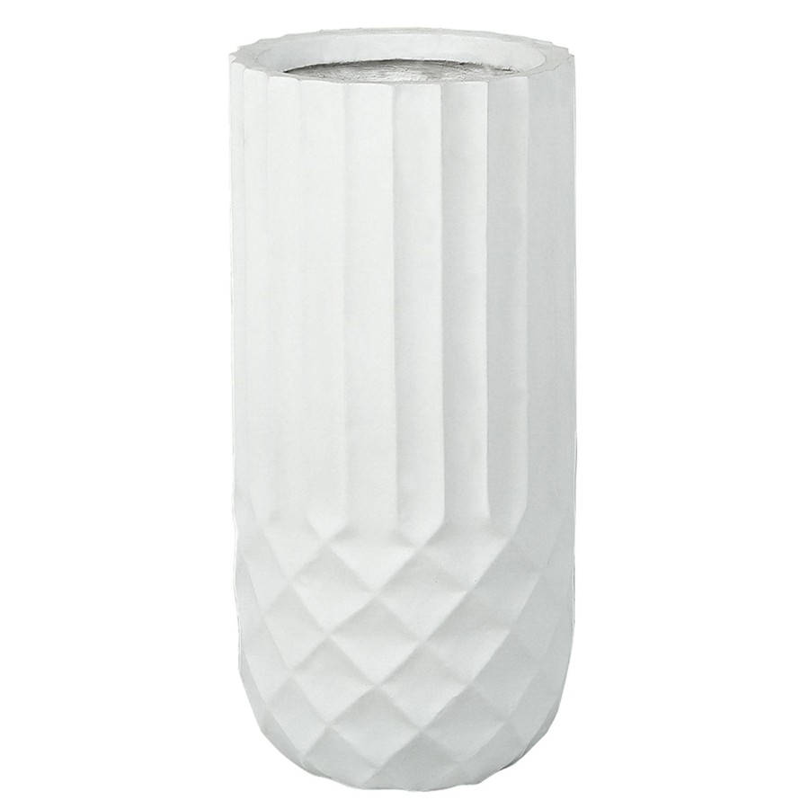 Pots & Planters * | Fire Sale Tall White Cylindrical Diamond Ribbed Shadow Planter, 19