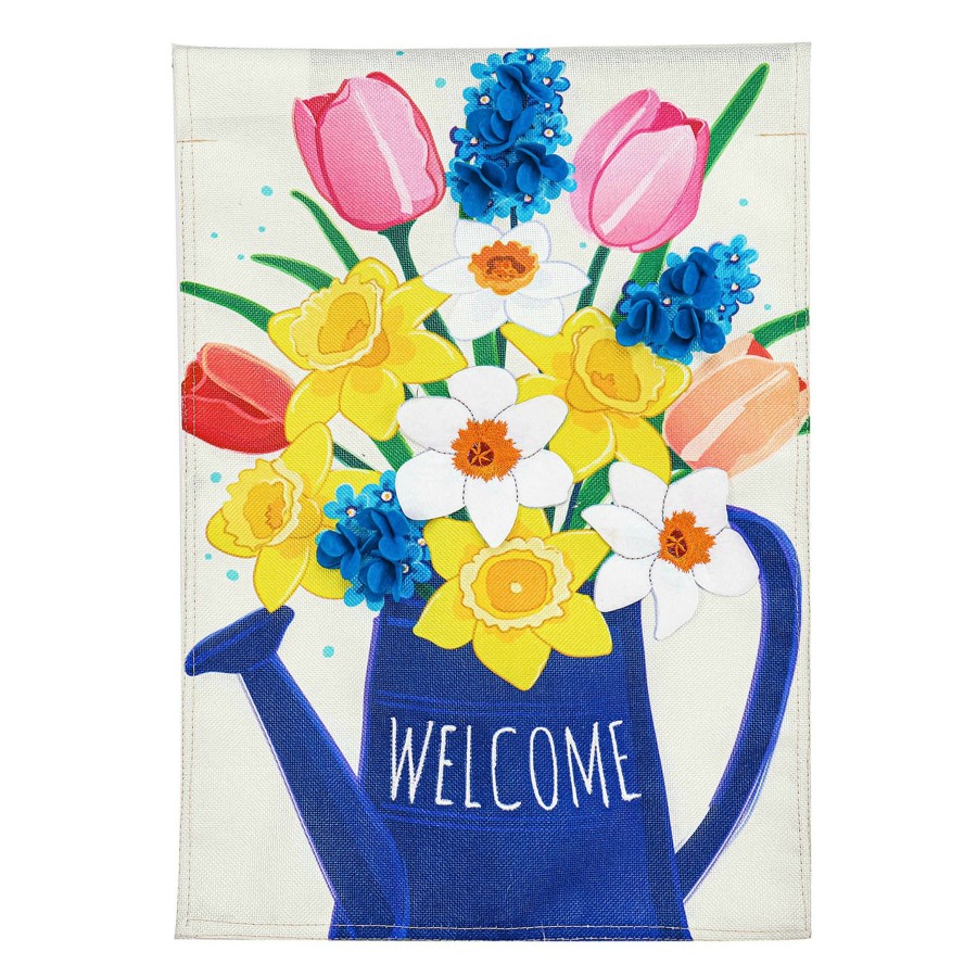 Outdoor Deacutecor * | Free Delivery Spring Flowers Welcome Watering Can Yard Flag, 18