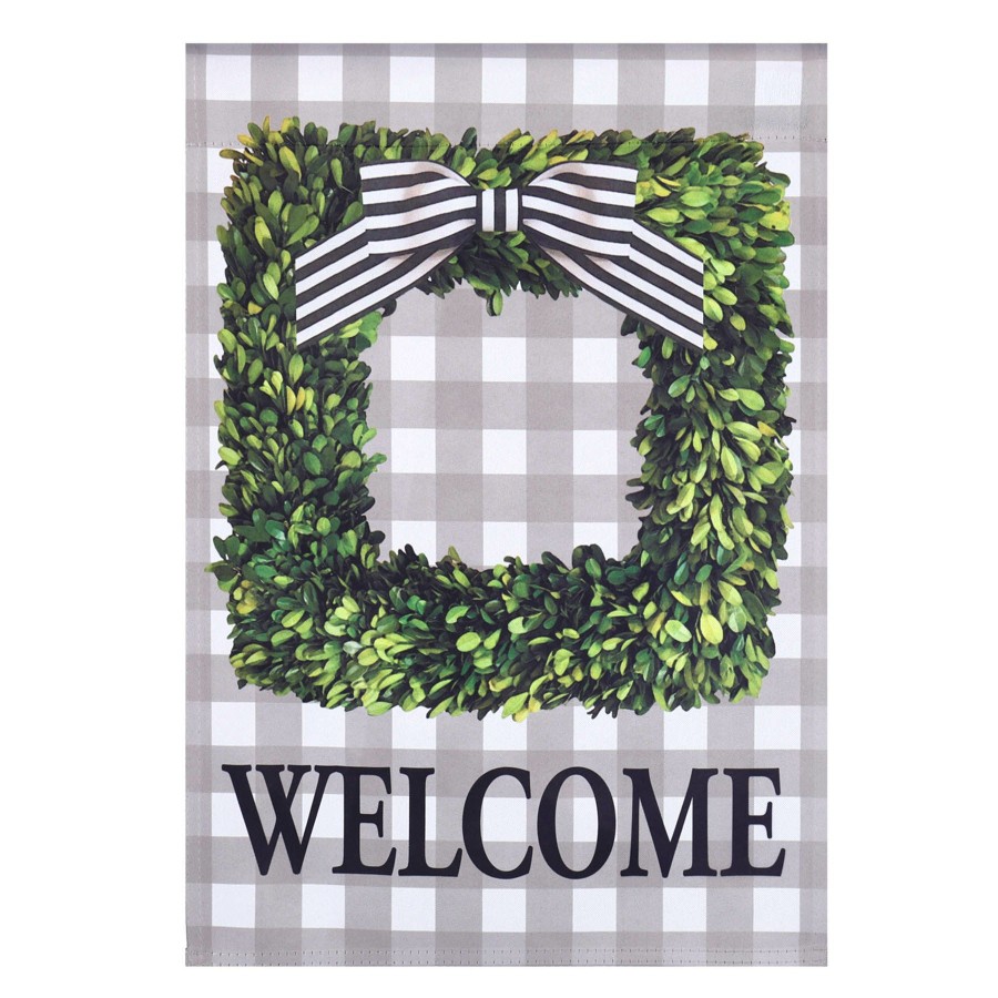 Outdoor Deacutecor * | Popular Boxwood Welcome Wreath Plaid Yard Flag, 18