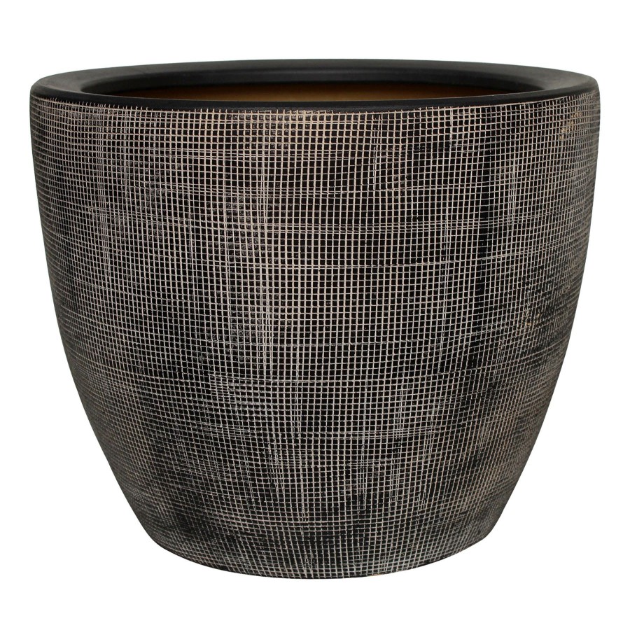 Pots & Planters * | New Threads Grid Etched Black Ceramic Planter 11.5