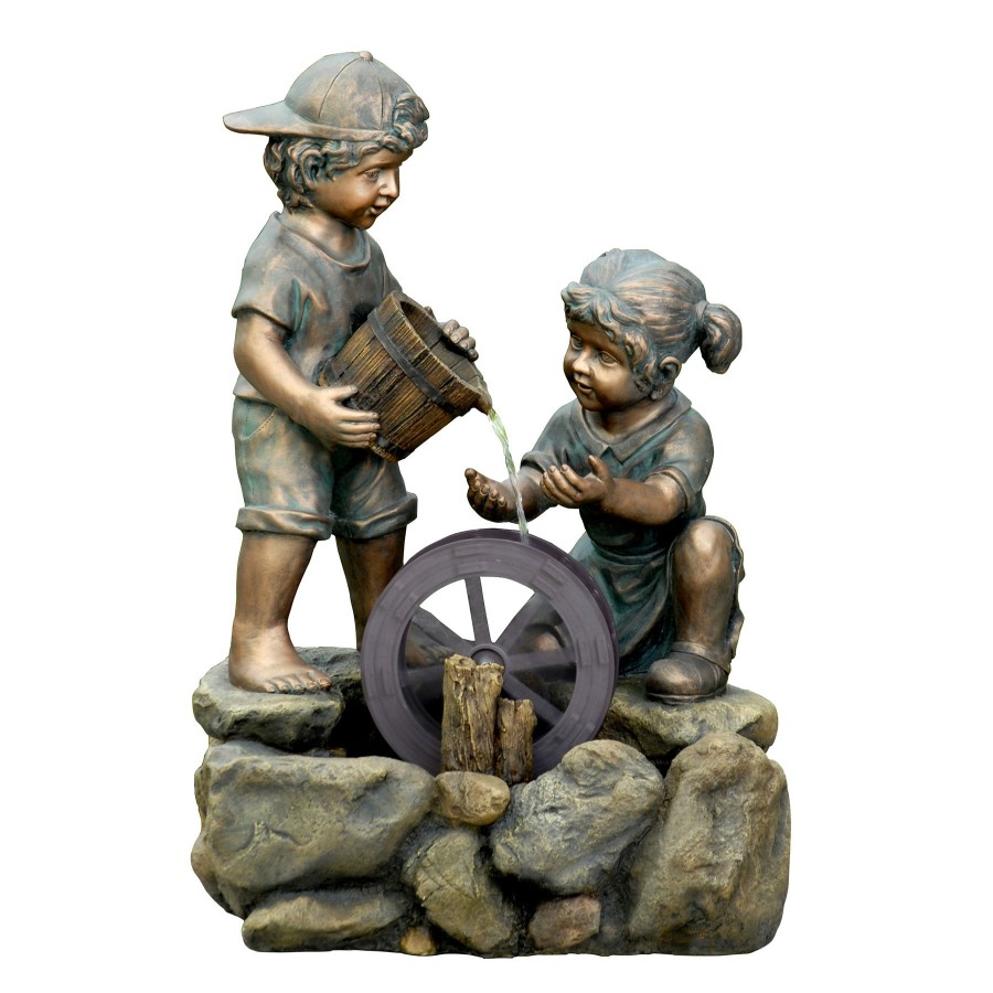 Outdoor Deacutecor * | Featured Kids With Waterwheel Natural Stone-Look Outdoor Fountain, 26.5 13