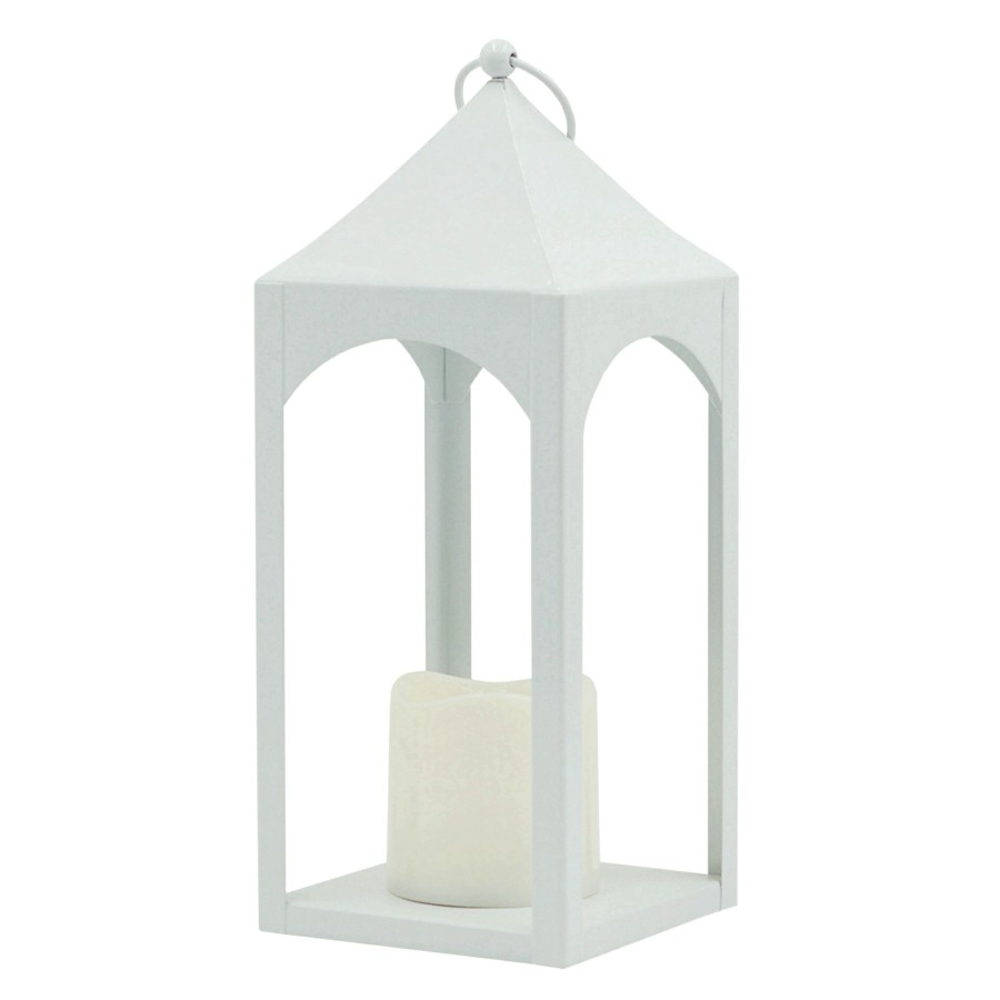 Lighting * | Sale Online White Metal Lantern With Candle, 12