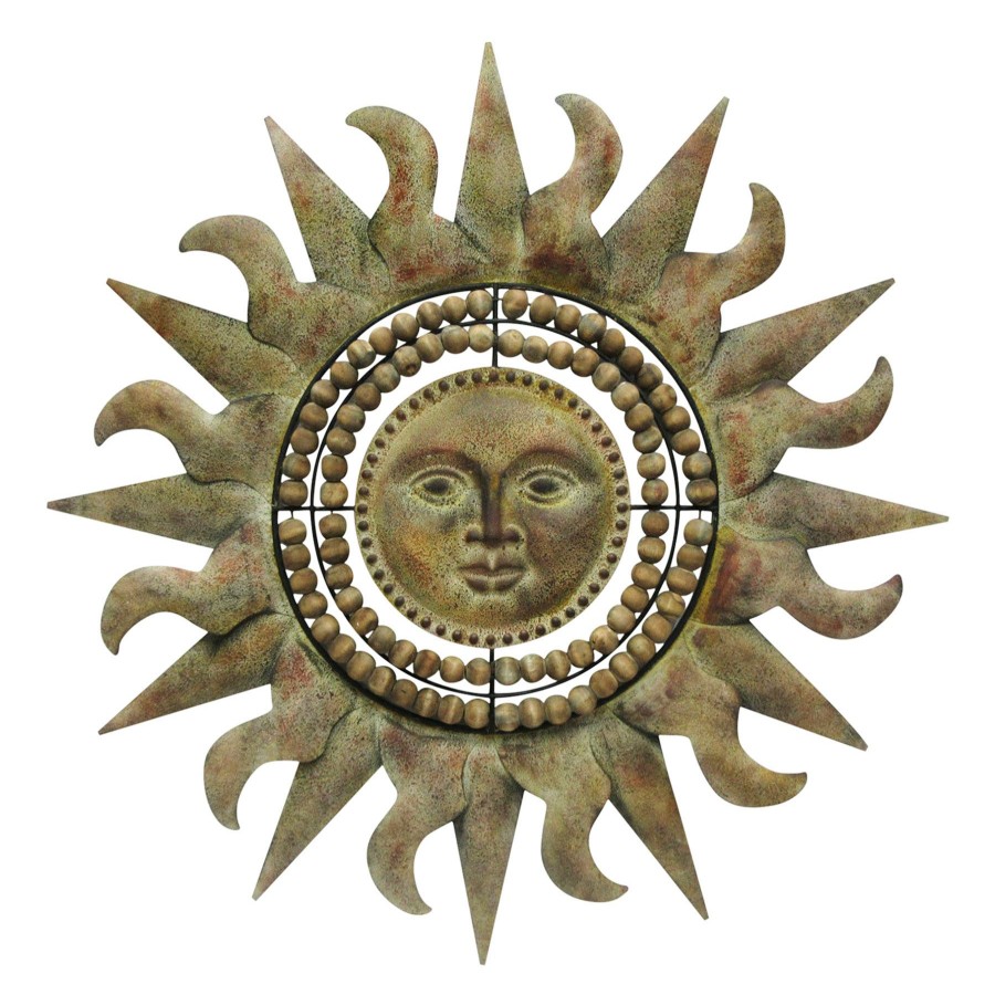 Outdoor Deacutecor * | Sale Wood Beaded Metal Sun Face Wall Decor, 25