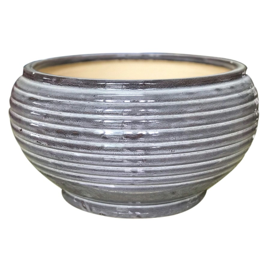 Pots & Planters * | Best Sale Striped Grey Low Bowl Planter, Medium